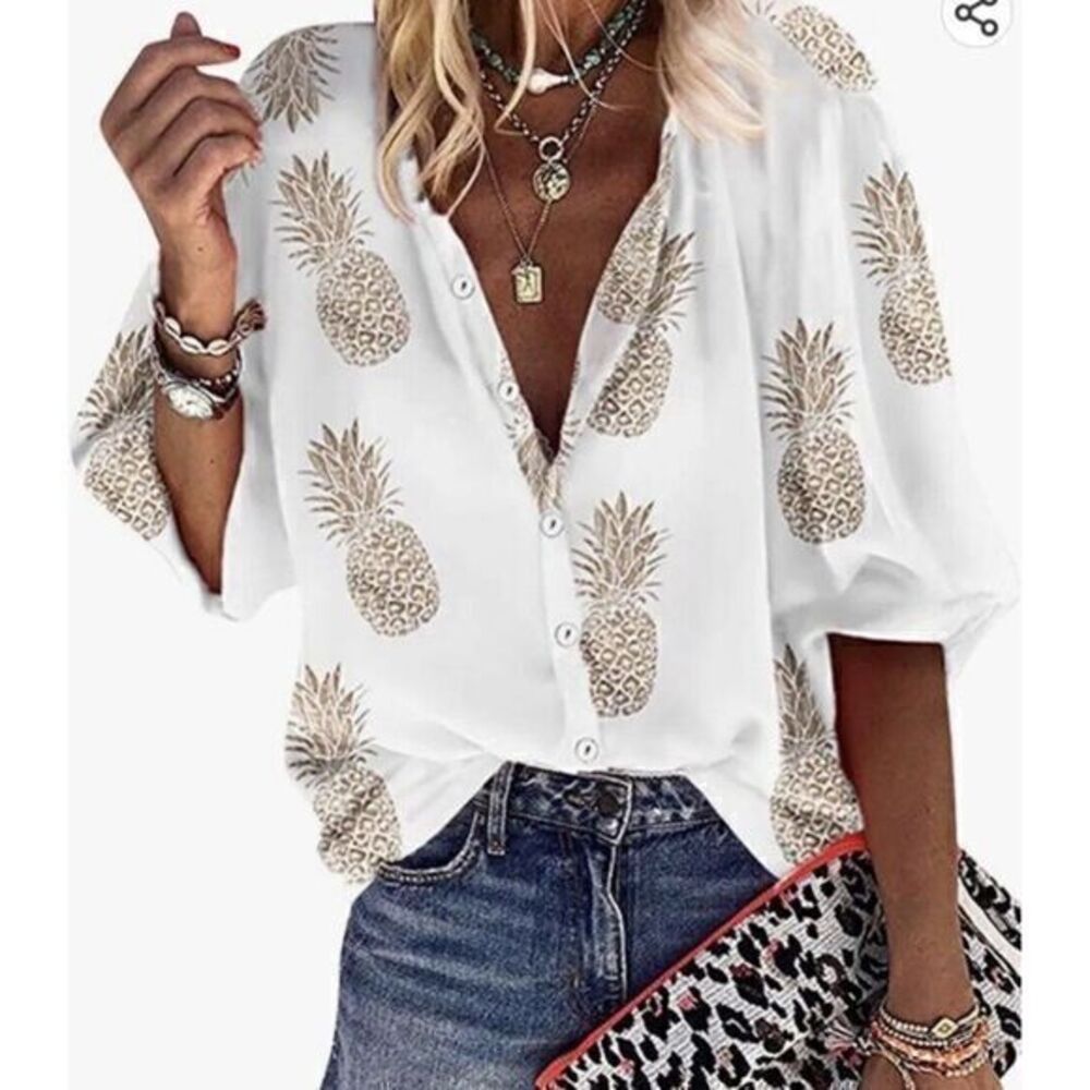 Pineapple Blouse Top Shirt White & Brown All Over Print Lifestyle Swinger Boho S